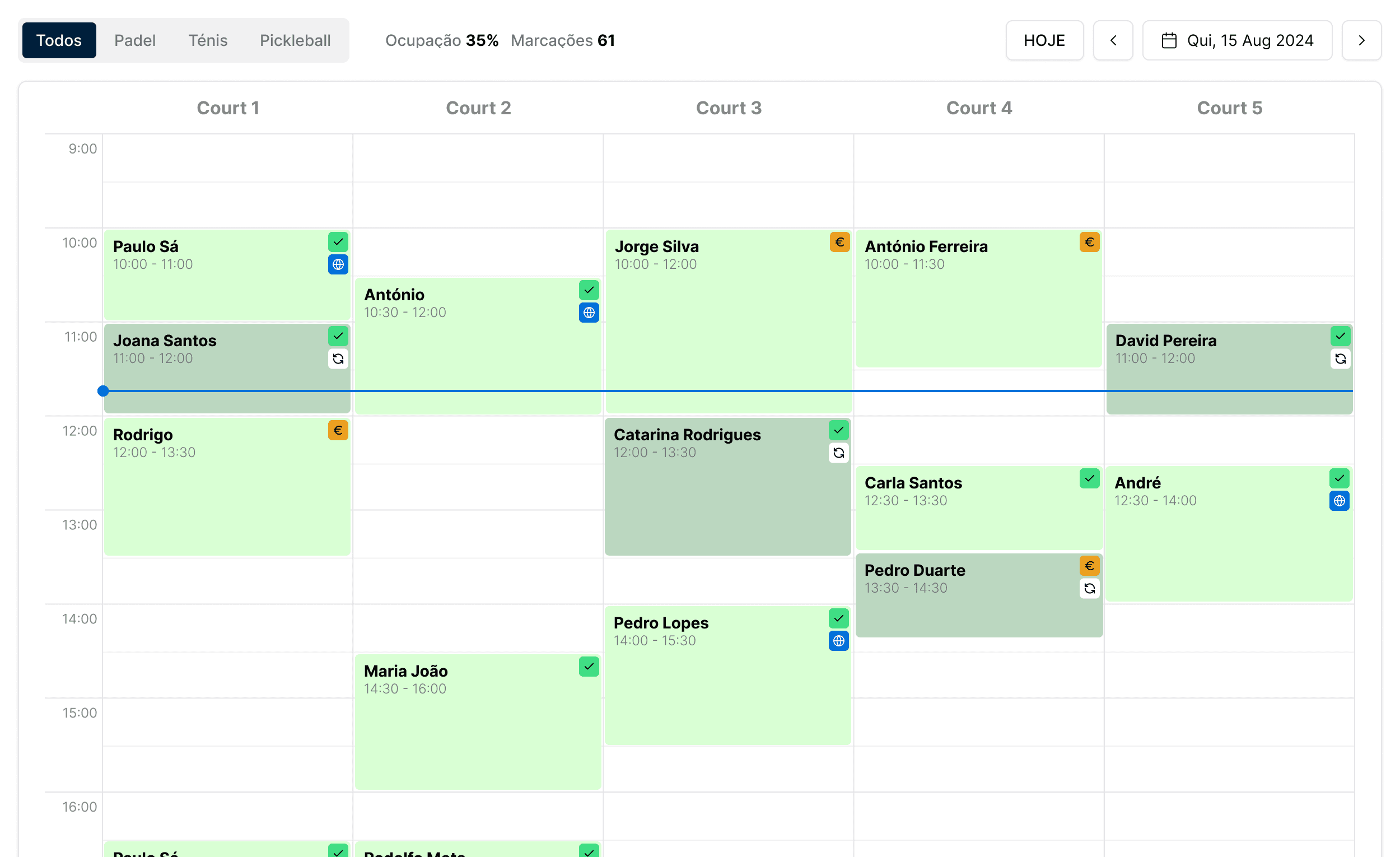 Calendário de reservas do Smashpro Manager