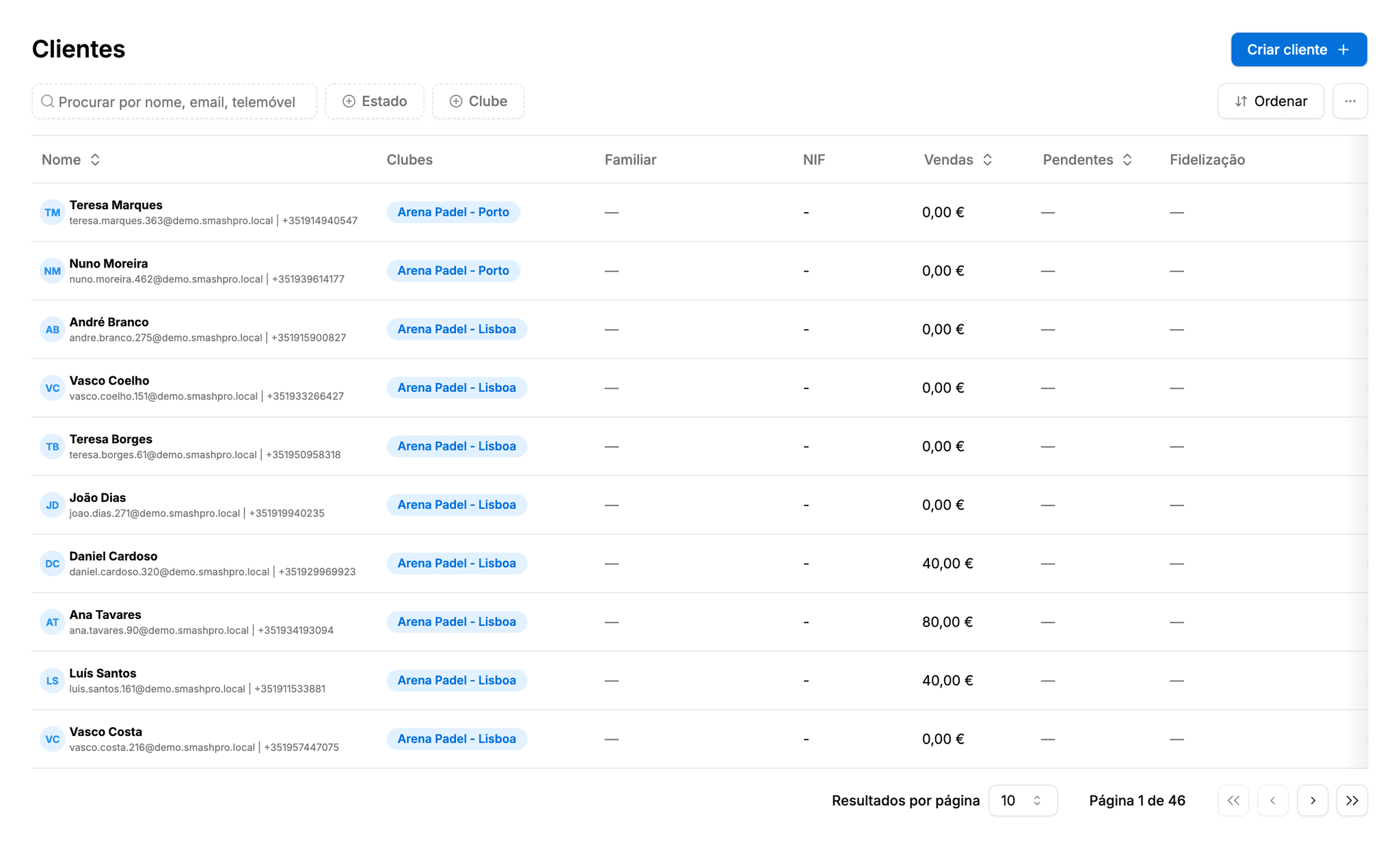 Lista de clientes com a coluna Clubes