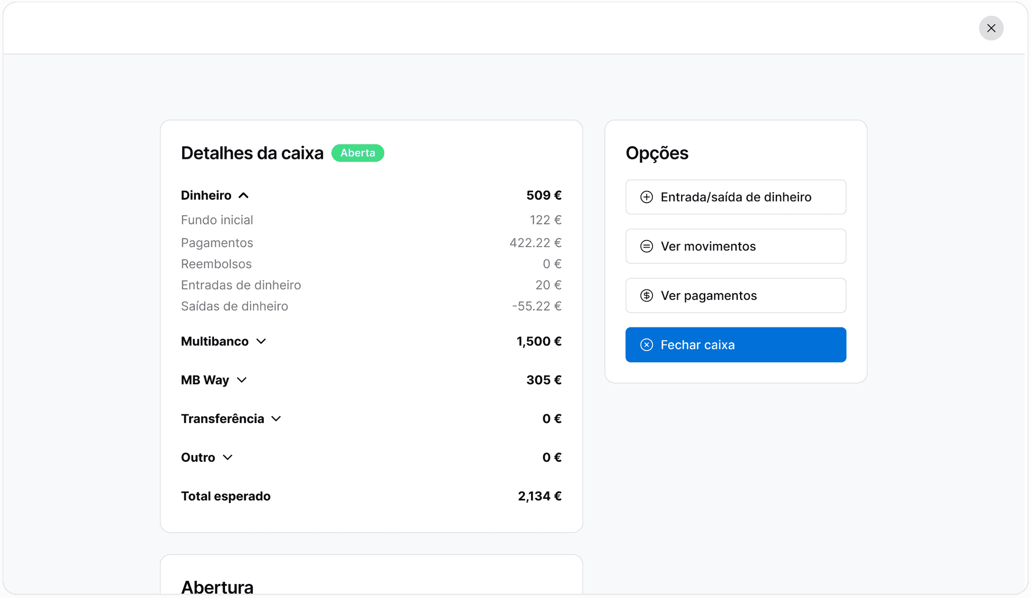 Abertura e fecho de caixa por turno