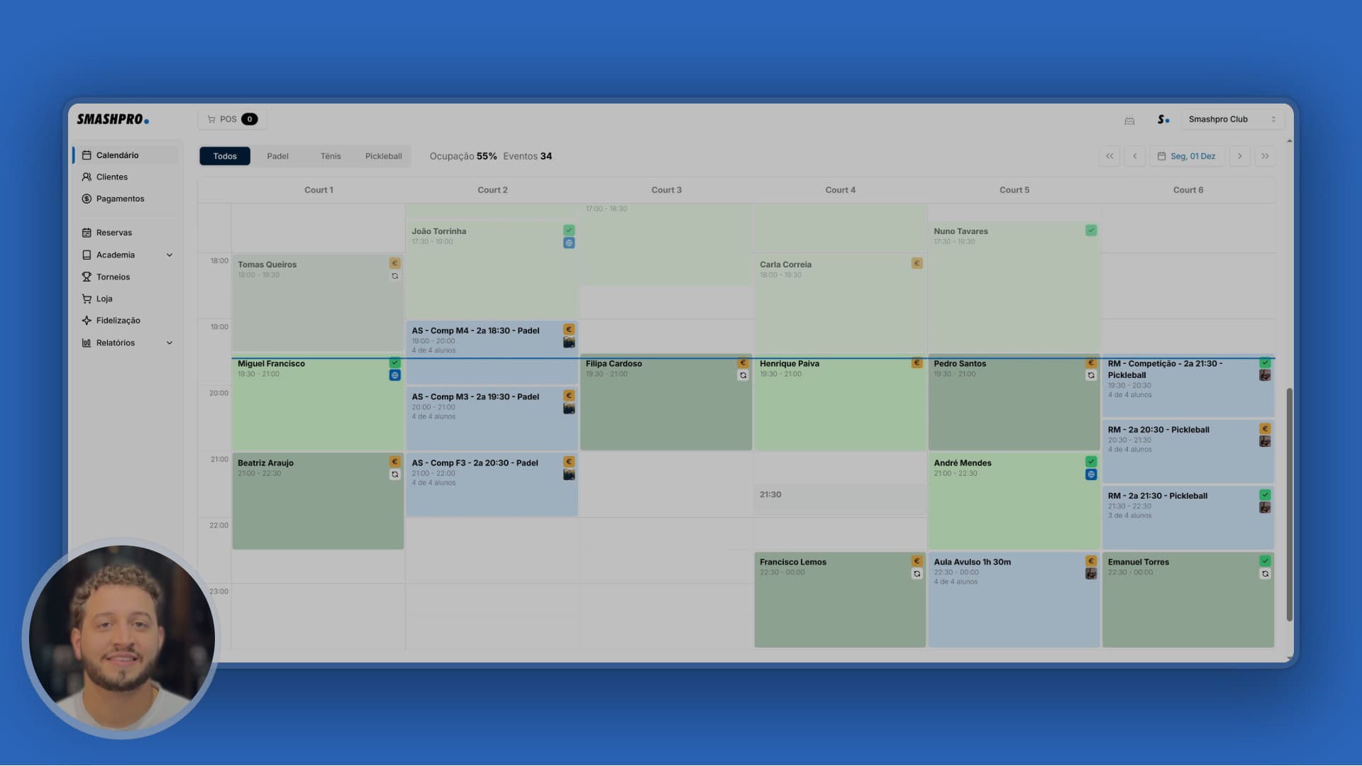 Calendário de reservas do Smashpro Manager