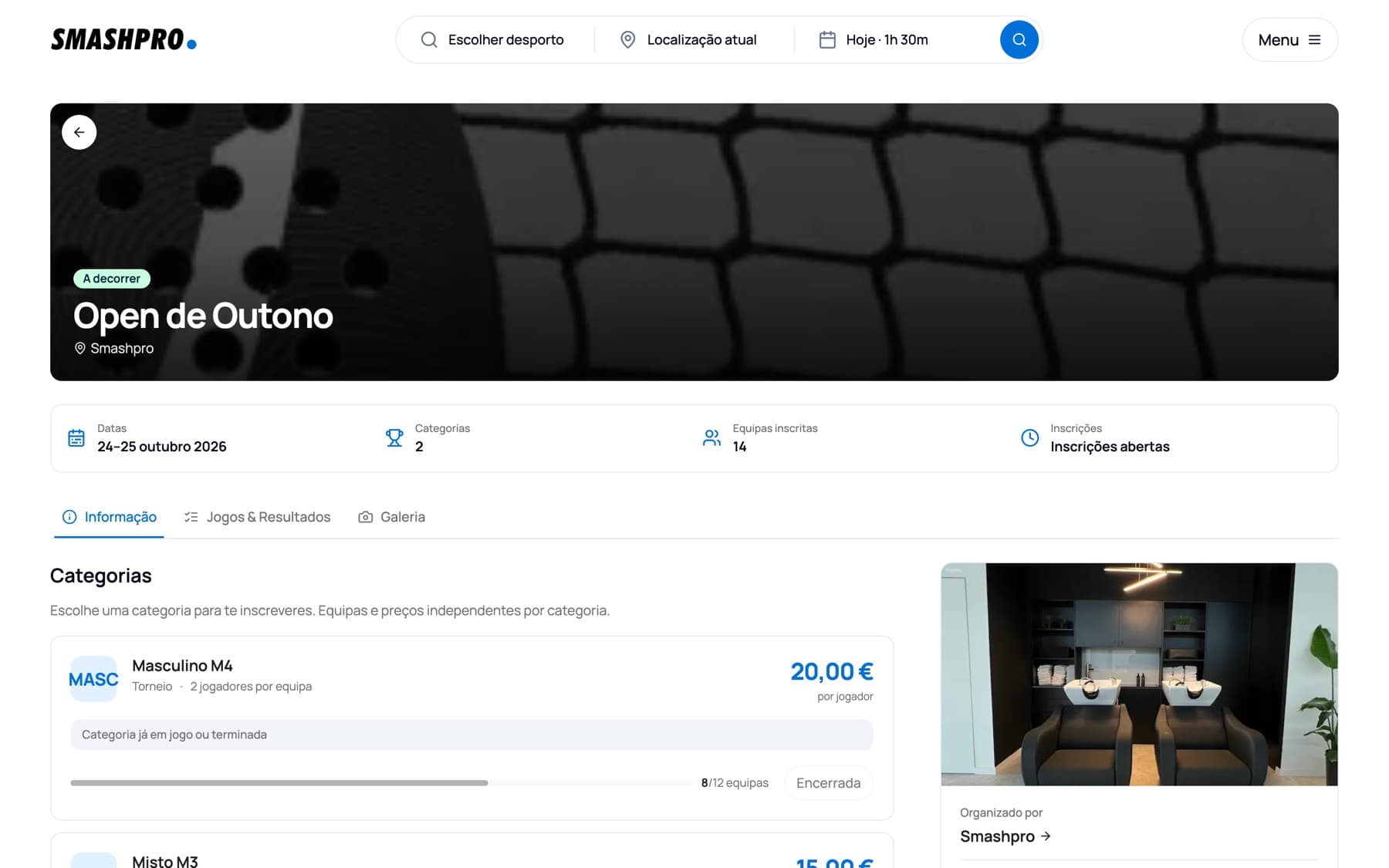Página pública do torneio Open de Outono no marketplace Smashpro, com datas, categorias, duplas inscritas e preço por jogador